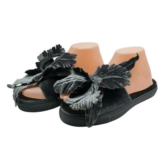 Vtg Cecelia New York Willow Slide Sandals 7 Gray Denim Velvet Oversized Floral - Picture 2 of 6